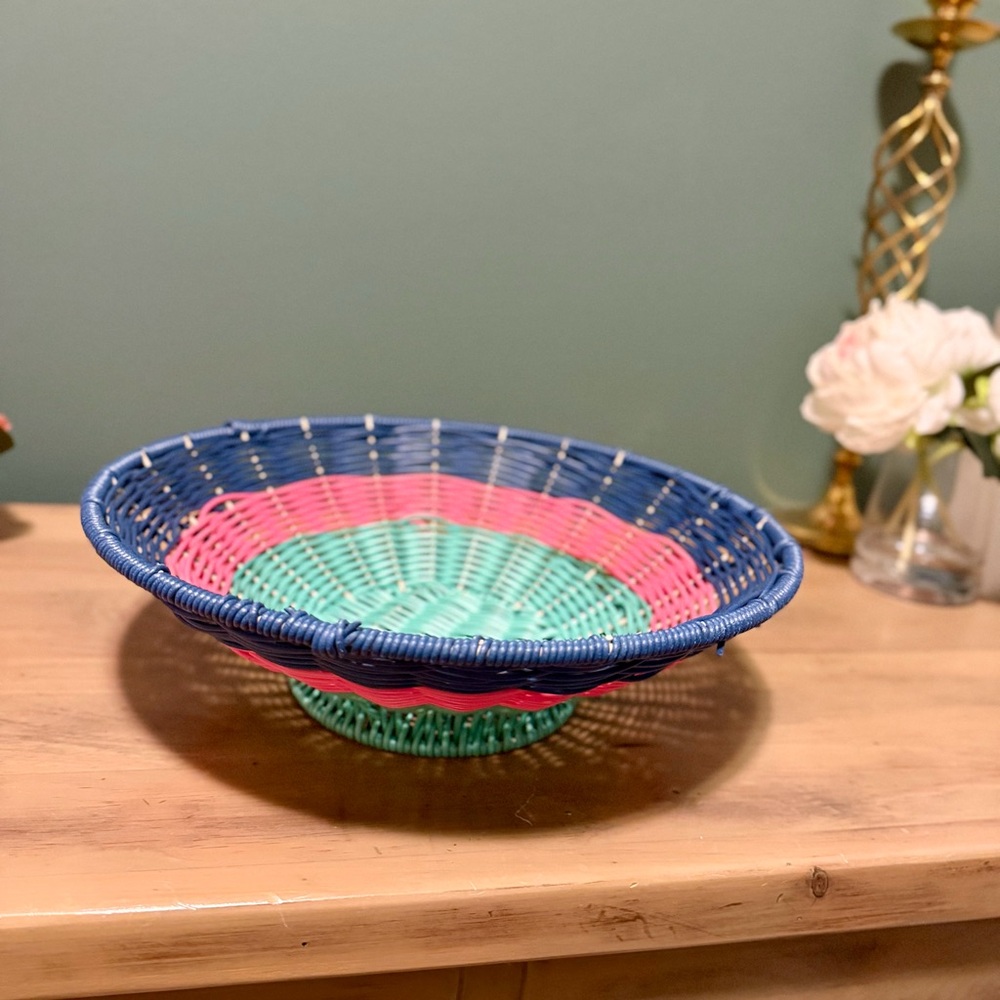 Vintage Handwoven Easter Basket Fruit Bowl Pink Blue Mint 12”